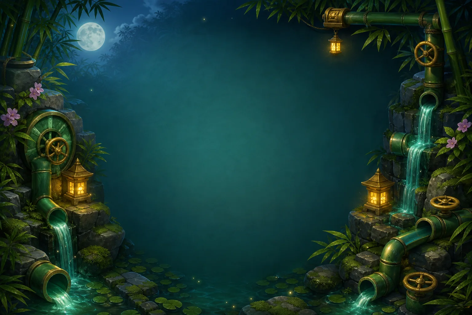 A bamboo waterway winding through Panko's glowing forest scene