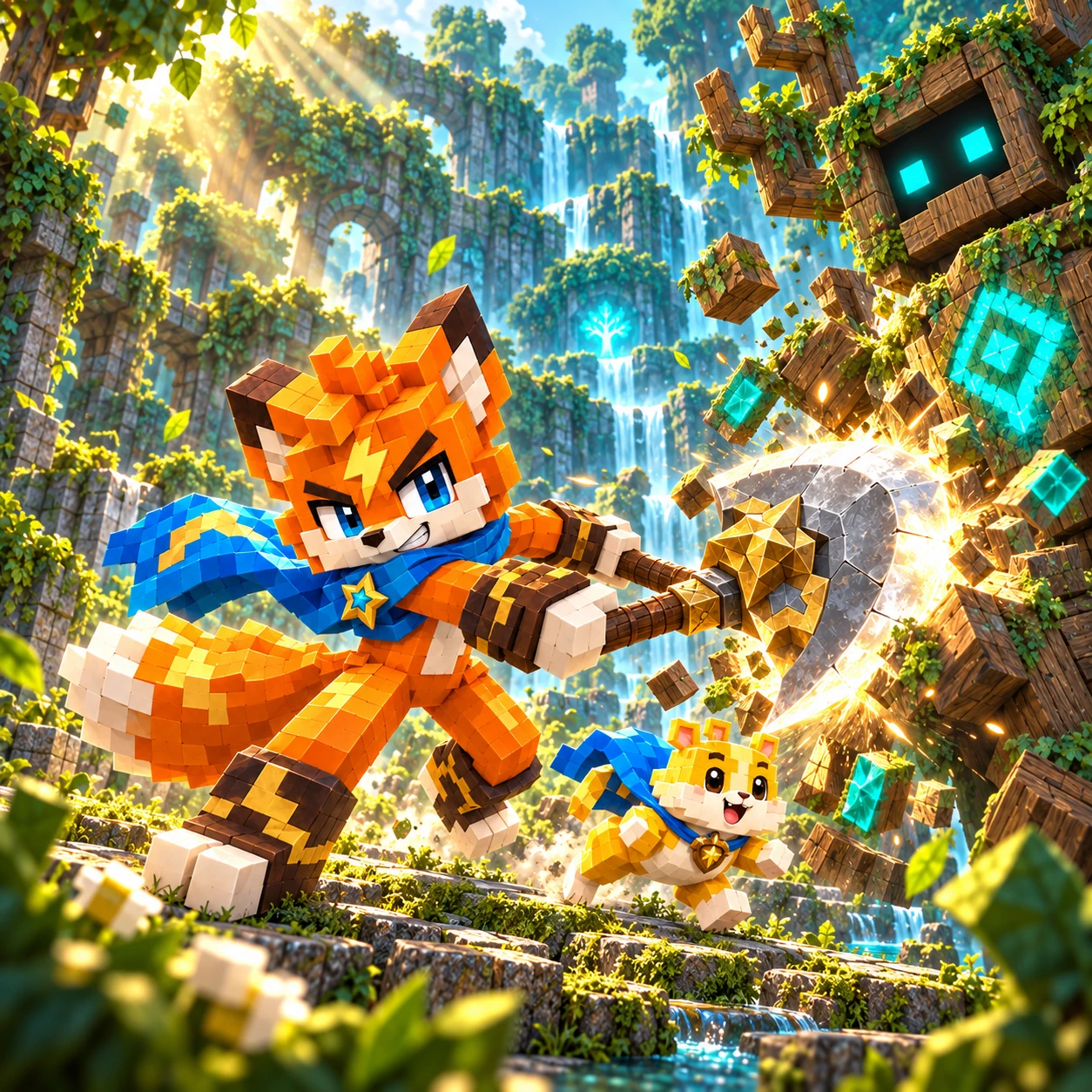 Fia swings her axe beside Nibs in a glowing forest