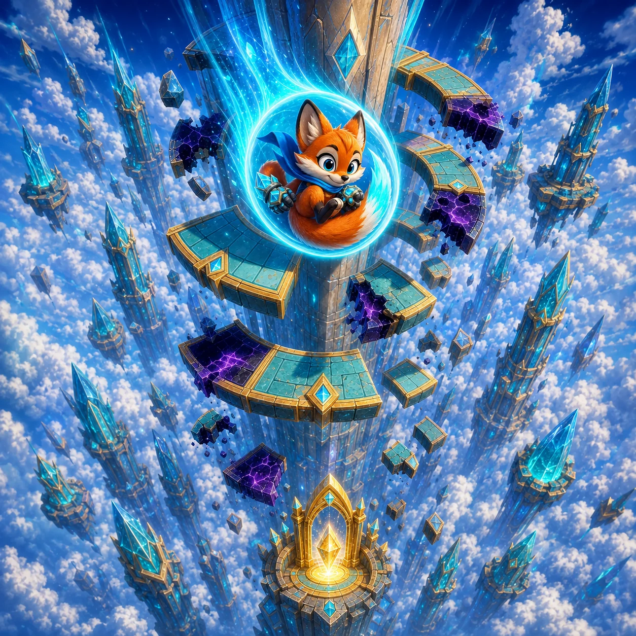 Fia descending through a crystal skyspire