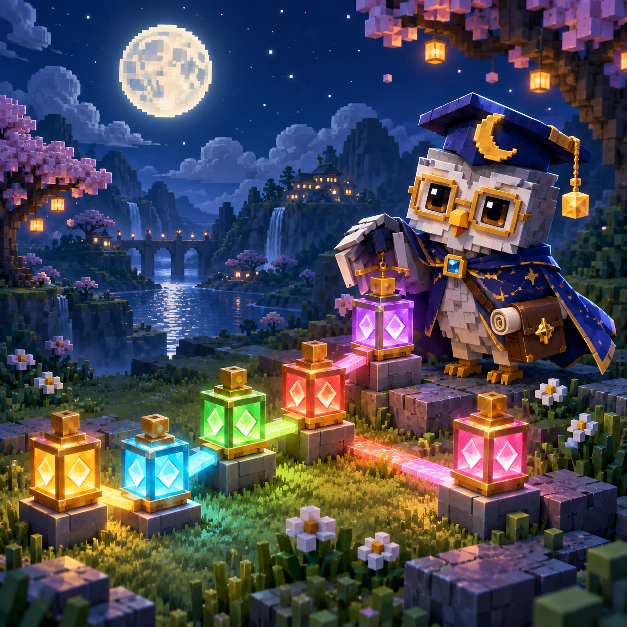 A block-built lantern keeper connects lights above a moonlit meadow