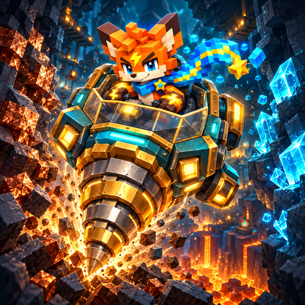 A block fox pilots a brass drilling rig through a crystal cavern
