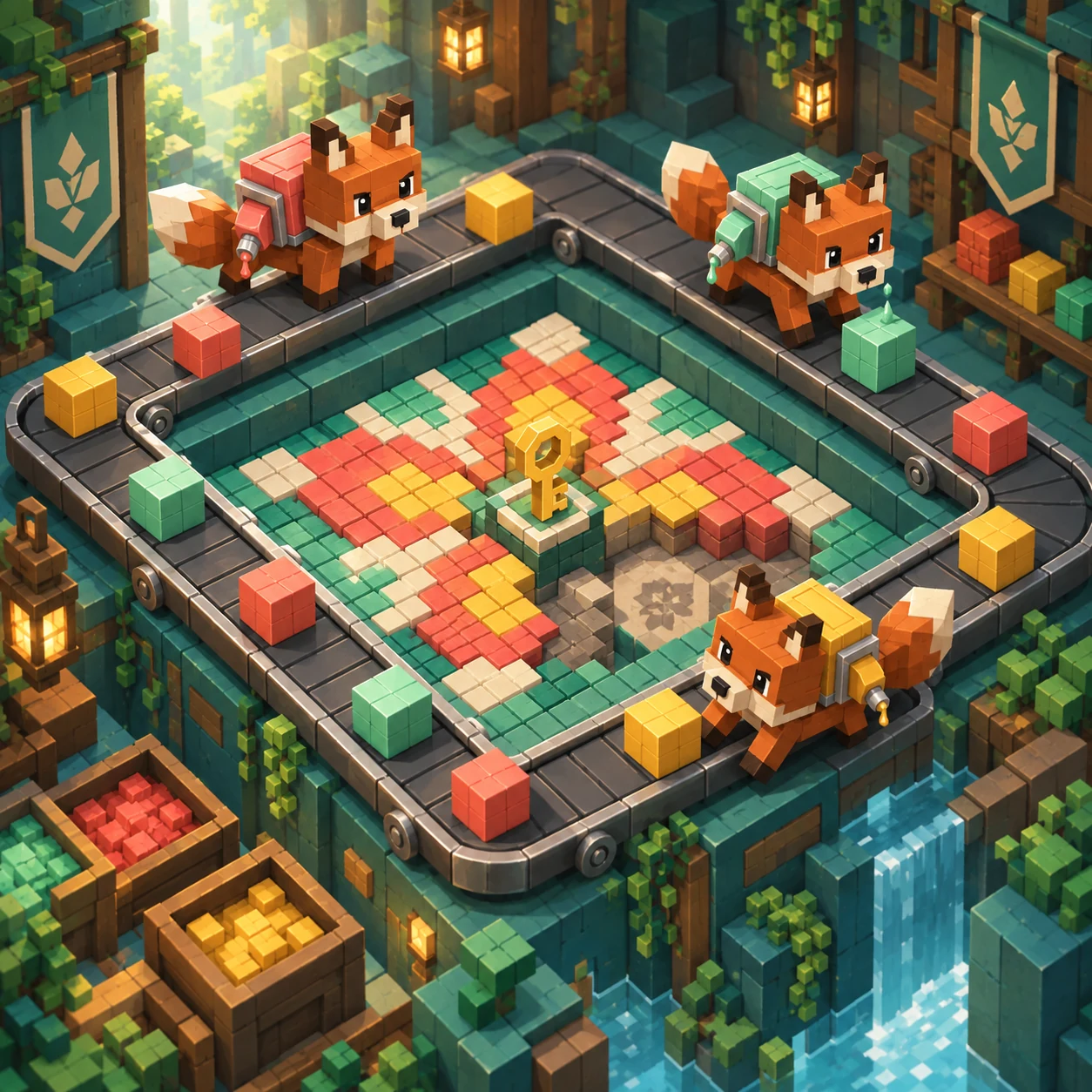 Block fox couriers around a colorful mosaic workshop